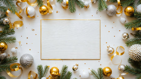 Stylish Christmas frame using pine and glowing holiday decorative pieces.