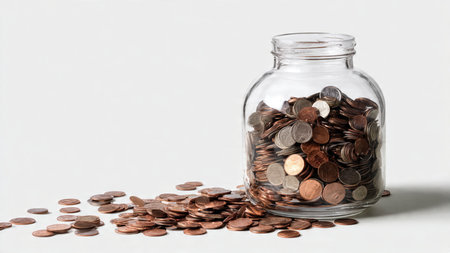 High-key budgeting visual showing a jar tipped backward spilling a soft cluster of coins,...