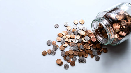 Elegant savings illustration featuring a sleek glass jar and neatly organized coins under soft light.の写真素材
