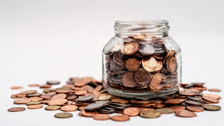 High-key investment theme with a tipped jar spilling coins diagonally across the frame,...