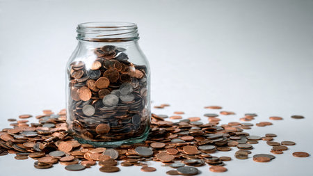 Elegant flat lay showing coins arranged symmetrically around a clear upright jar, commercial-safe.