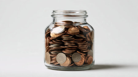 Clean economic arrangement with polished coins forming a subtle pattern beside a transparent jar,...