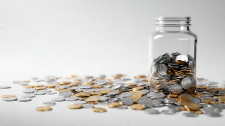Clean savings theme showing a jar standing tall behind three polished coins, commercial-safe.