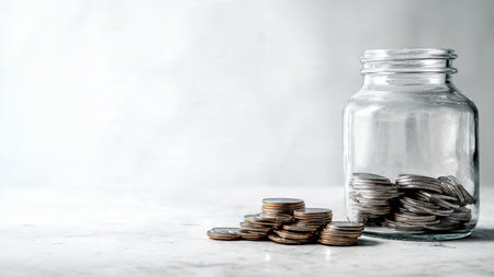 Elegant high-key image showing three coins beside a clear standing jar, commercial-safe.