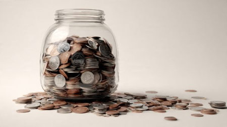 Minimal wealth illustration showing a jar tilted as coins fall naturally on a bright surface,...