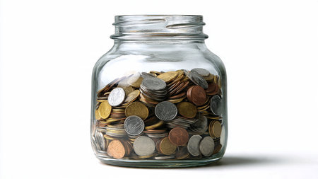 Minimalist wealth concept showing a glass jar with several coins aligned in a soft gradient.