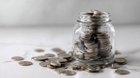 Clean white-background budgeting image with a balanced arrangement of coins and a glass jar,...