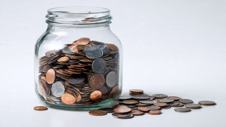 Elegant modern savings concept with a diagonal coin layout leading toward a jar, commercial-safe.