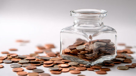 Professional savings scene with coins stacked in front of an upright transparent jar on a smooth...