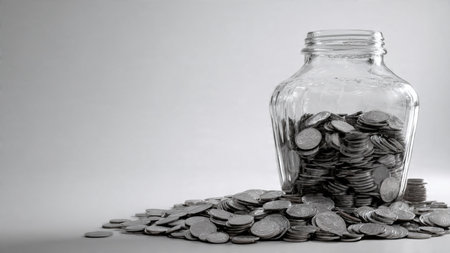Simple modern financial shot with a jar positioned behind a set of stacked coins, commercial-safe.