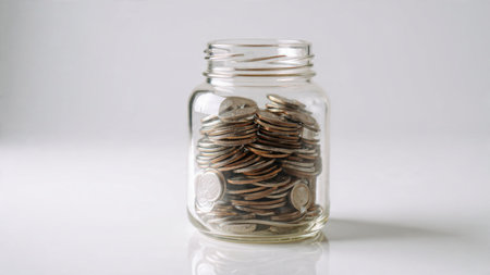 Soft savings lighting with an empty jar and coins aligned in a gentle geometric shape.