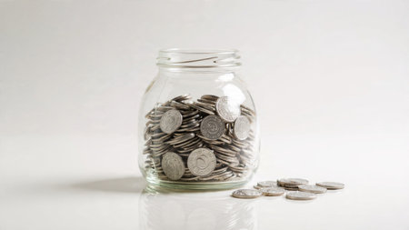 Elegant high-key layout with an empty jar standing beside four neatly aligned coins.