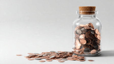 Minimalist savings concept with a transparent jar filled halfway with coins placed on a clean white...