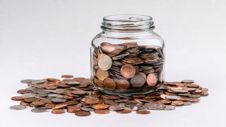 Bright clean savings concept with an empty jar beside coins forming a crescent shape.の写真素材