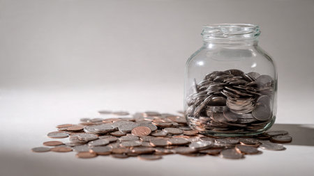 Financial planning aesthetic featuring a clear jar and scattered coins with subtle lighting from...