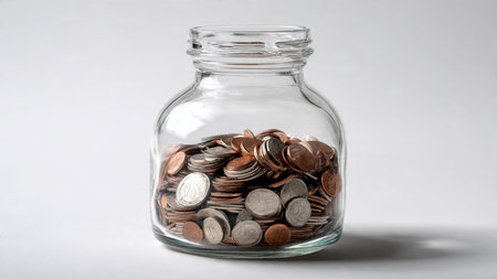 Clean aesthetic showing polished coins forming a spiral near a clear jar on a white background.