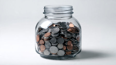 Elegant high-key scene with a tipped jar and coins scattered in a balanced spread, commercial-safe.