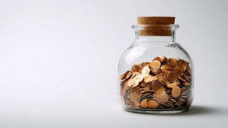 Clean financial planning composition featuring symmetrical coin placement around a jar,...