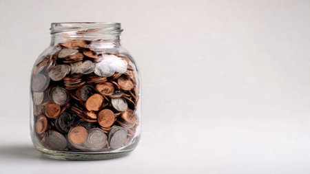 Soft minimalist arrangement featuring a glass jar and evenly spaced coin piles on a pure white...