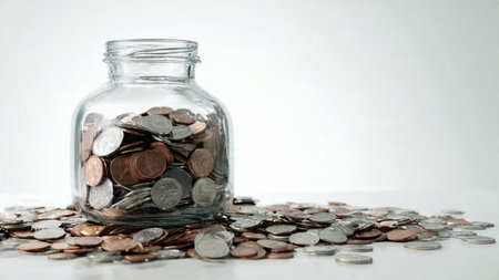Professional minimal flat lay featuring a sleek jar and symmetrical coin layout on white,...