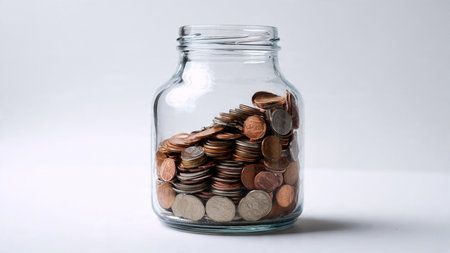 Elegant financial layout featuring stacked coins in front of a clear jar under diffused lighting.