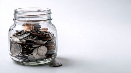 High-key wealth composition featuring an upright jar and several stacks of coins arranged carefully, commercial-safe.の写真素材