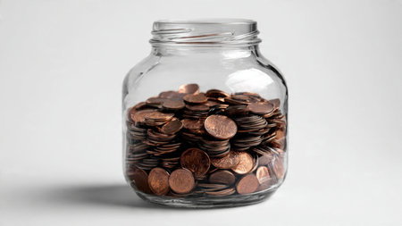 Clean financial illustration featuring a jar behind a neat semicircle of coins, commercial-safe.の写真素材