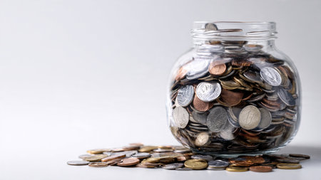 Elegant budgeting concept featuring a polished glass jar and scattered coins under soft diffused...
