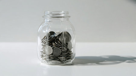 Simple savings shot highlighting a jar containing a few coins on a bright white backdrop,...