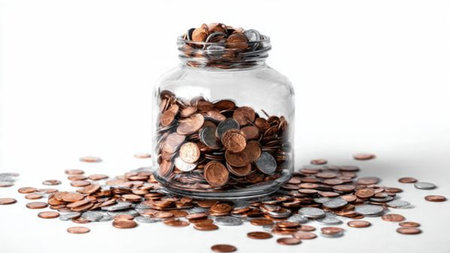 Minimal budgeting shot showing three coins arranged neatly beside a transparent jar.