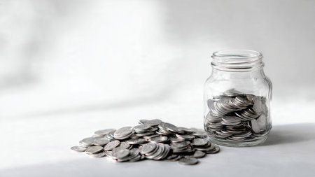 Soft minimalism featuring a jar on its side with coins spilling gently across a bright surface,...