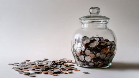 Financial clarity theme using a transparent jar and evenly layered coin stacks, commercial-safe.の写真素材