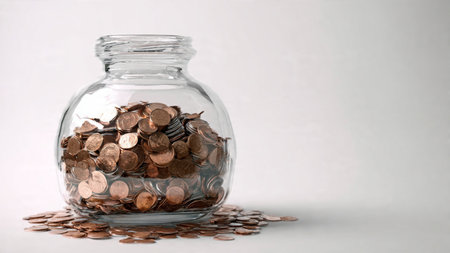 Professional clean flat lay showing a tipped-over jar with coins spilling gracefully across a white...