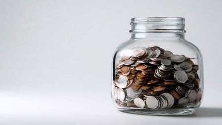 Simple economic concept with a jar standing upright behind several neatly aligned coin stacks.