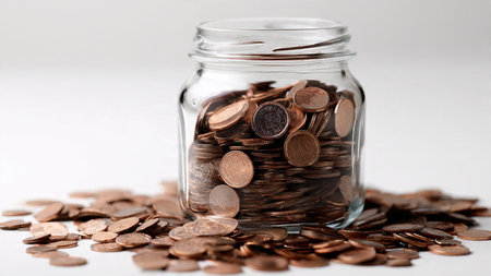 Financial planning aesthetic featuring a clear jar and scattered coins with subtle lighting from...