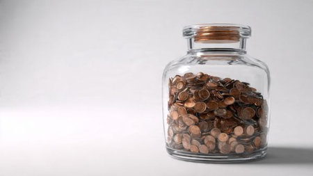 Clean wealth imagery featuring a tipped jar and coins flowing smoothly across a surface,...