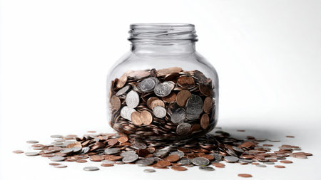 Minimal budgeting scene featuring an upright jar next to a linear arrangement of coins,...