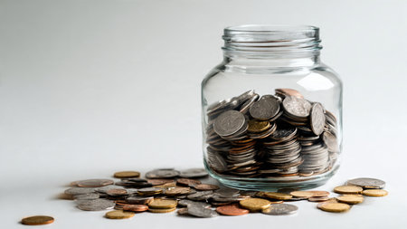 Modern wealth organization visual featuring a clear jar and well-spaced coins illuminated by soft...