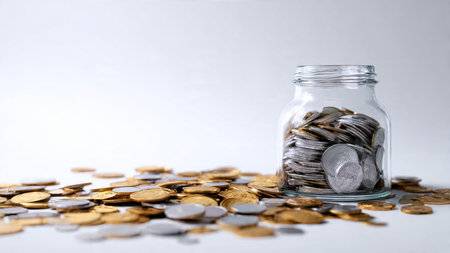 Soft savings composition with a tipped jar and coins flowing neatly across the white surface,...
