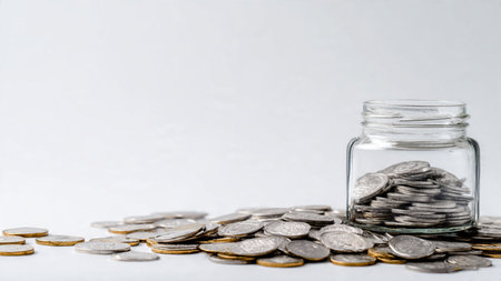 Minimal arrangement with polished coins and an empty jar forming a balanced frame, commercial-safe.