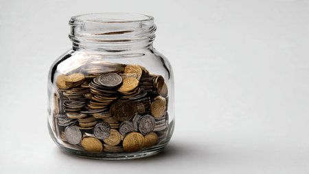 Clean budgeting concept with a transparent jar standing upright next to a neat pile of polished...