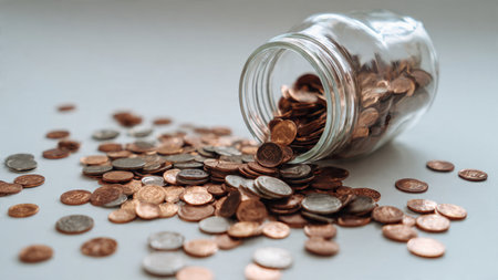 Elegant budgeting scene with a half-filled jar and neatly stacked coins on a white matte backdrop.
