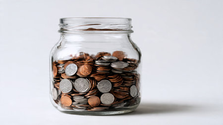 Clean wealth growth visual showcasing a transparent jar with a modest collection of coins on a...