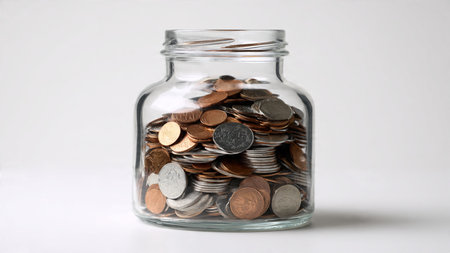 Modern investment concept showing a row of stacked coins aligned beside a transparent jar,...