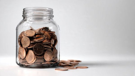 High-key financial composition showcasing an angled jar and coins grouped neatly in front,...