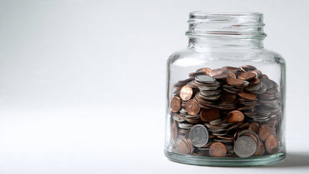Elegant financial alignment with a row of coins leading toward a classic glass jar, commercial-safe.