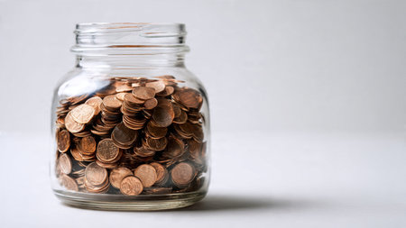 Soft-lit savings image featuring a jar and coins placed symmetrically for a simple modern look,...