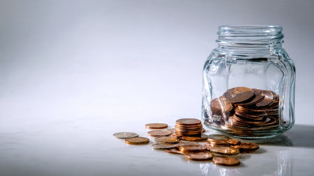 Organized financial flat lay with a clear jar on its side and coins flowing in a radial shape,...