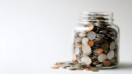 Clean wealth management visual with a half-empty jar and several coins spaced evenly on a white studio background.の写真素材