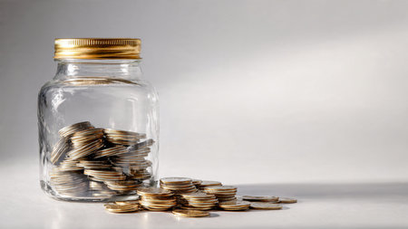 Minimalist savings concept with a transparent jar filled halfway with coins placed on a clean white surface under soft studio lighting, commercial-safe.の写真素材